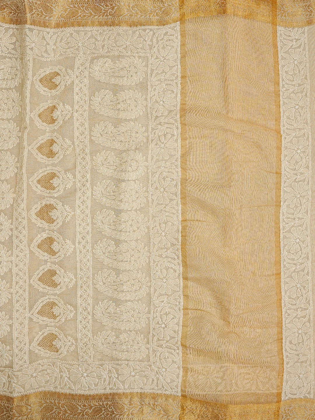 Ada Hand Embroidered Fawn Chanderi Lucknowi Chikankari Saree With Blouse 01A850744