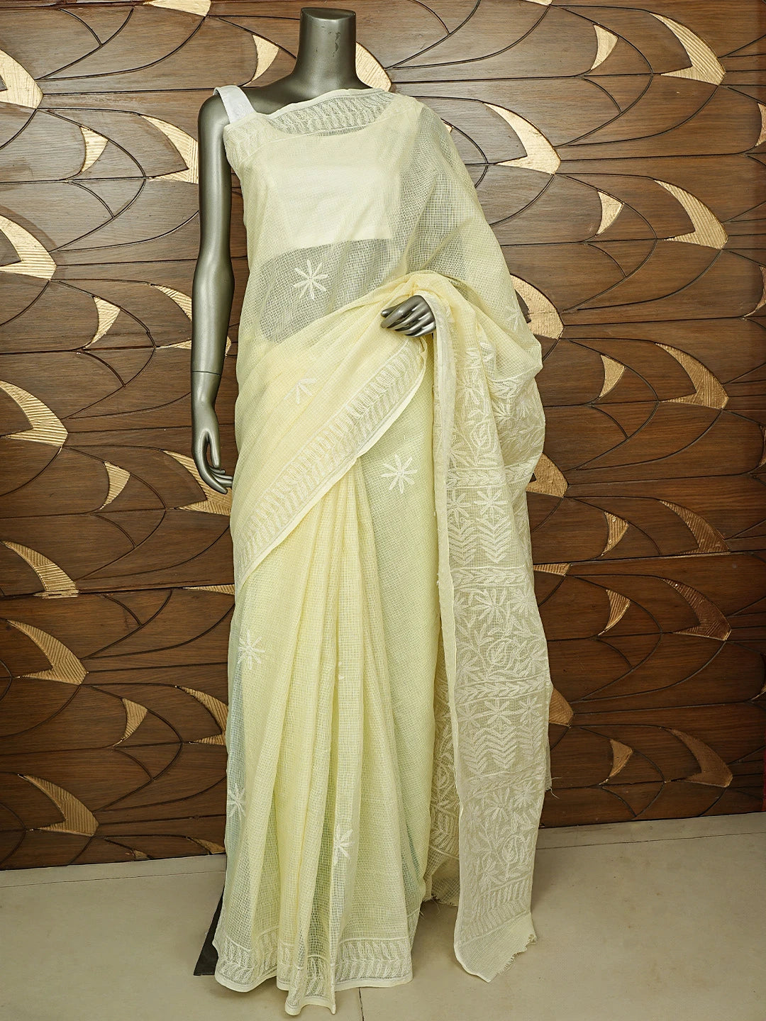 Ada Hand Embroidered Light Lemon Kota Lucknowi Chikankari Saree With Blouse 01A820410