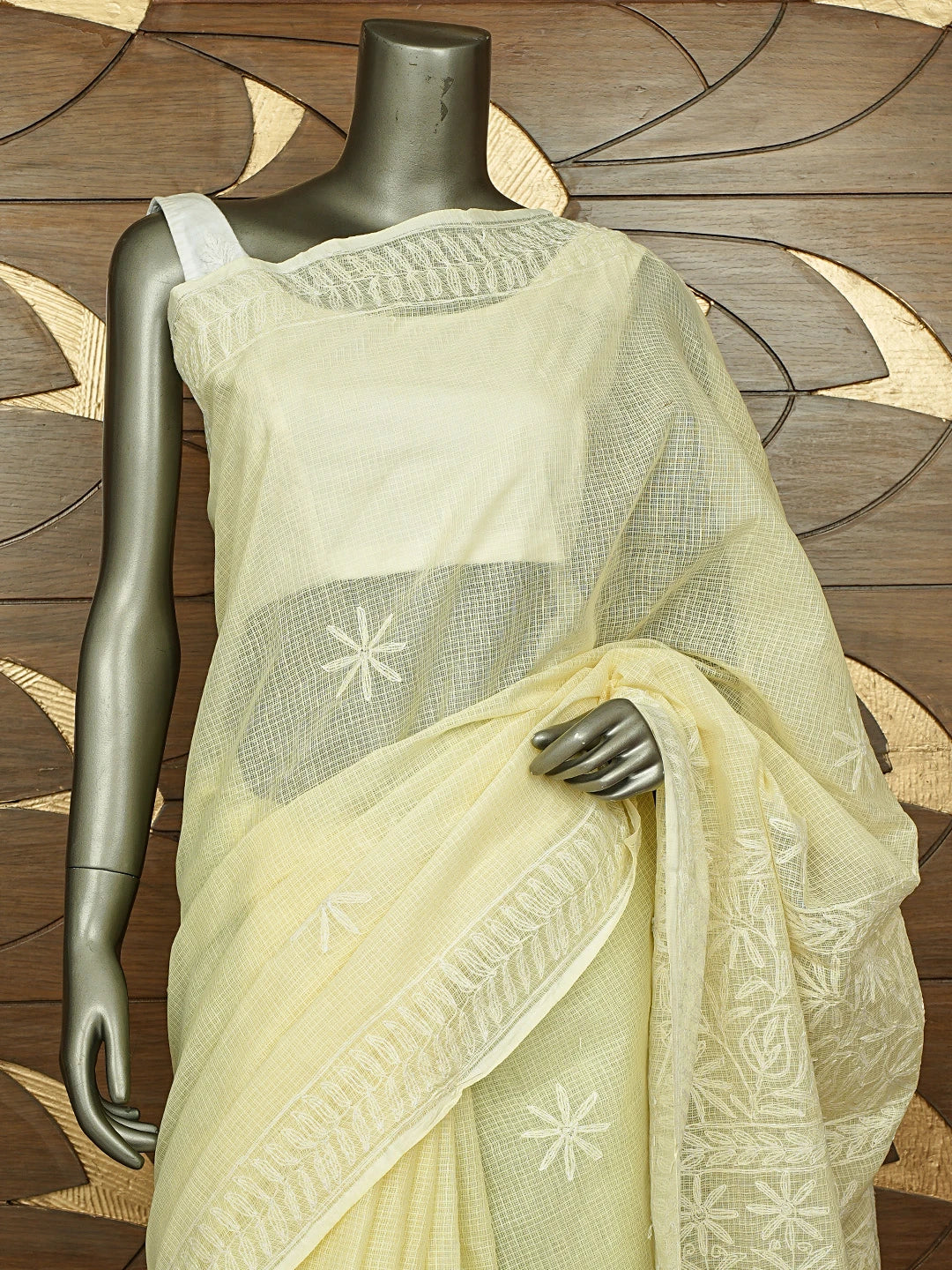 Ada Hand Embroidered Light Lemon Kota Lucknowi Chikankari Saree With Blouse 01A820410