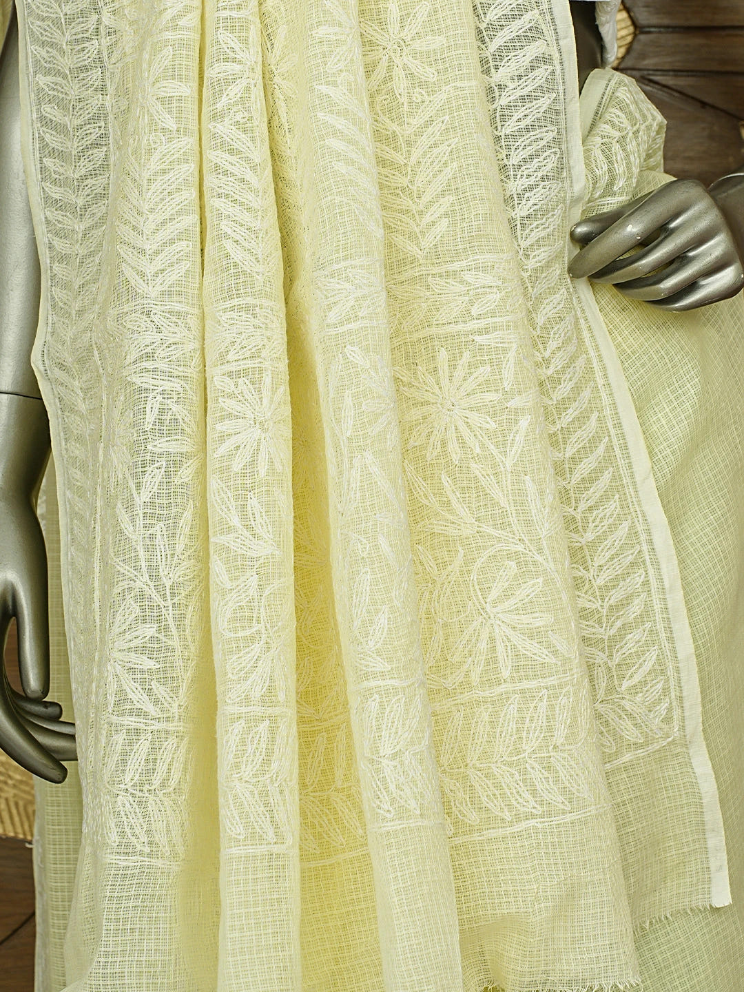 Ada Hand Embroidered Light Lemon Kota Lucknowi Chikankari Saree With Blouse 01A820410