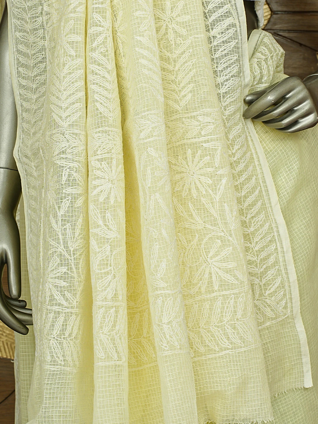 Ada Hand Embroidered Light Lemon Kota Lucknowi Chikankari Saree With Blouse 01A820410