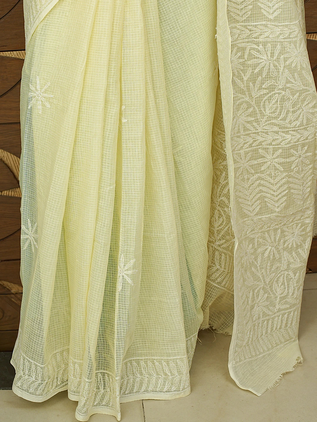 Ada Hand Embroidered Light Lemon Kota Lucknowi Chikankari Saree With Blouse 01A820410