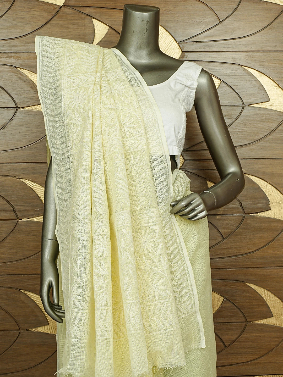 Ada Hand Embroidered Light Lemon Kota Lucknowi Chikankari Saree With Blouse 01A820410