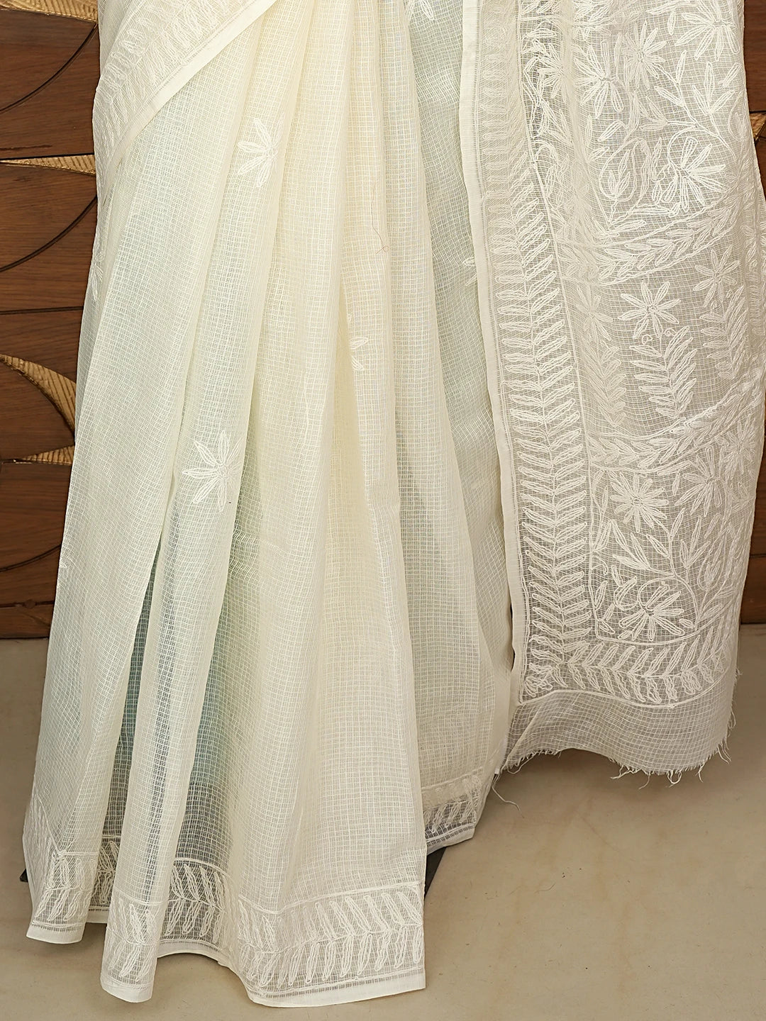 Ada Hand Embroidered White Kota Lucknowi Chikankari Saree and Blouse 01A795025