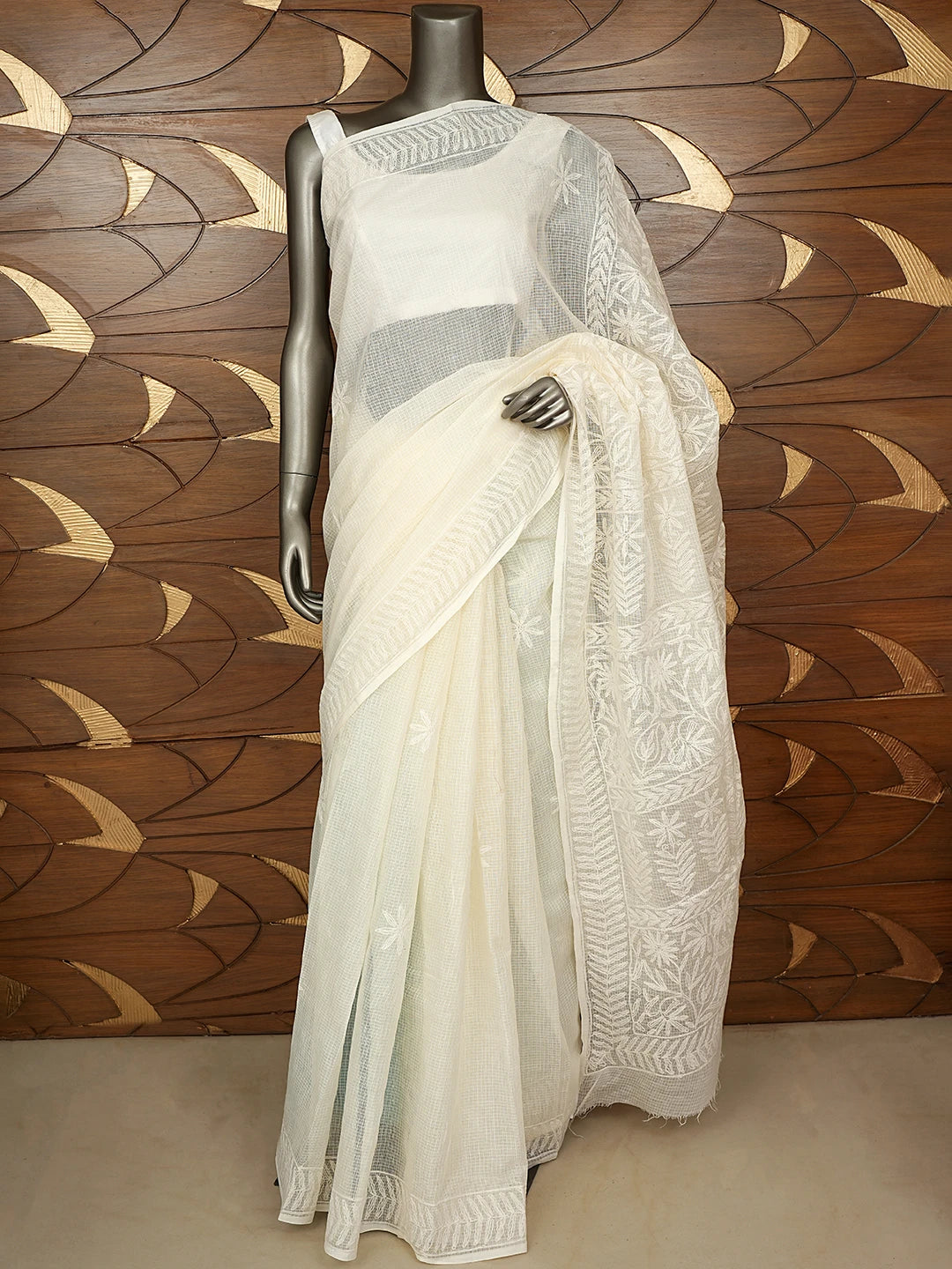 Ada Hand Embroidered White Kota Lucknowi Chikankari Saree and Blouse 01A795025