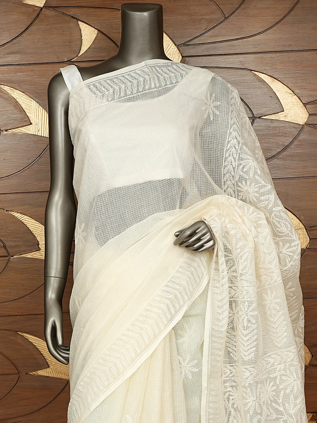 Ada Hand Embroidered White Kota Lucknowi Chikankari Saree and Blouse 01A795025