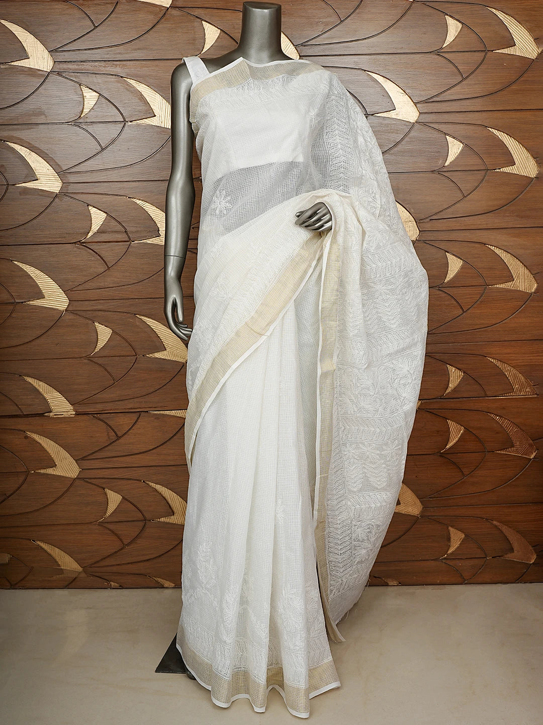 Ada Hand Embroidered White Kota Lucknowi Chikankari Saree and Blouse 01A820441