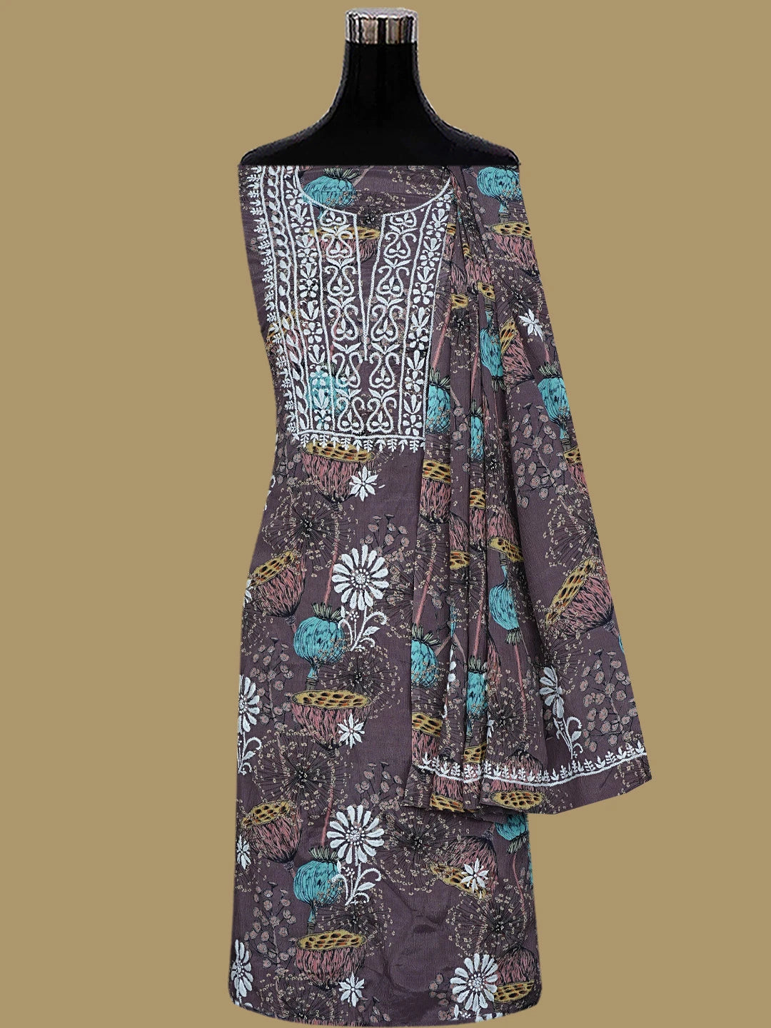 Ada Hand Embroidered Dark Brown Crepe Floral Printed Lucknowi Chikankari Unstitched Kurta Dupatta Set 01A723031