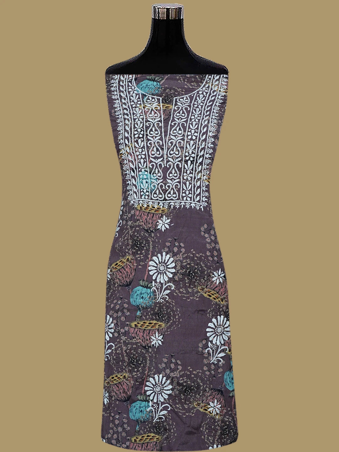 Ada Hand Embroidered Dark Brown Crepe Floral Printed Lucknowi Chikankari Unstitched Kurta Dupatta Set 01A723031