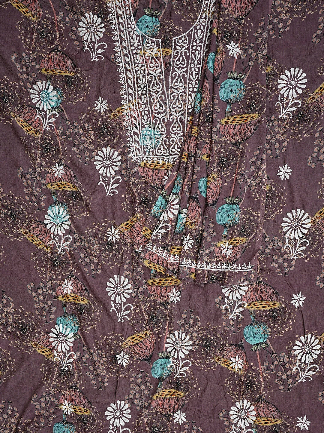 Ada Hand Embroidered Dark Brown Crepe Floral Printed Lucknowi Chikankari Unstitched Kurta Dupatta Set 01A723031