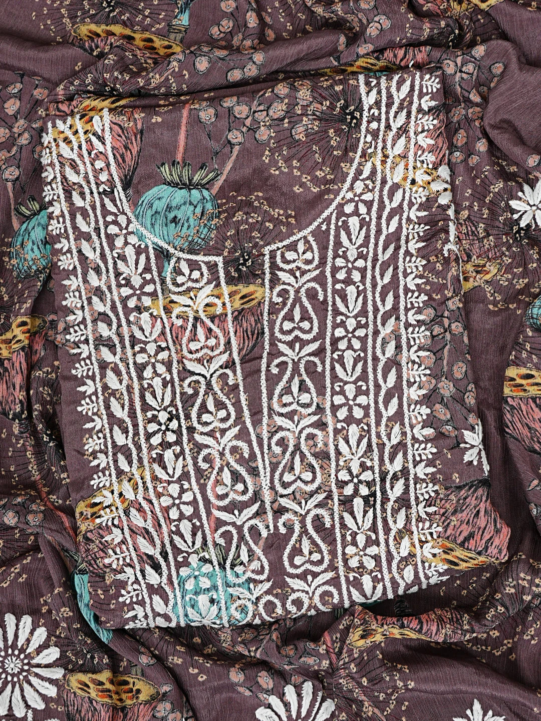 Ada Hand Embroidered Dark Brown Crepe Floral Printed Lucknowi Chikankari Unstitched Kurta Dupatta Set 01A723031
