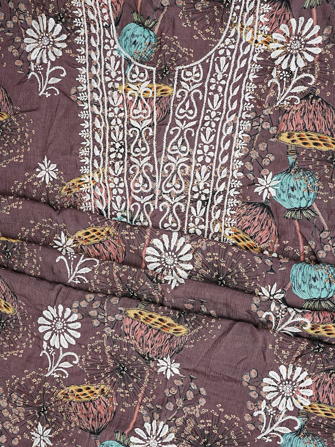 Ada Hand Embroidered Dark Brown Crepe Floral Printed Lucknowi Chikankari Unstitched Kurta Dupatta Set 01A723031