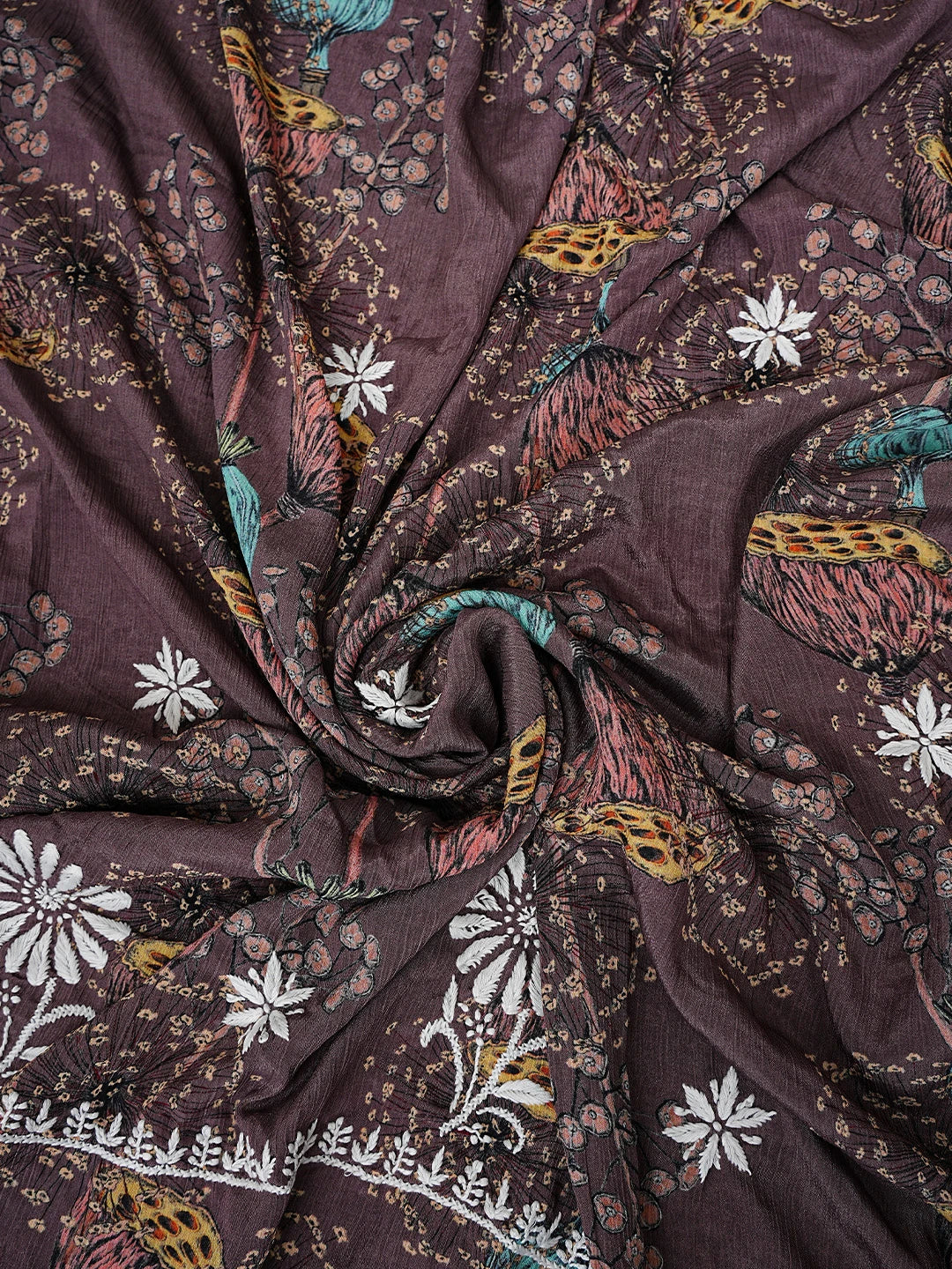 Ada Hand Embroidered Dark Brown Crepe Floral Printed Lucknowi Chikankari Unstitched Kurta Dupatta Set 01A723031