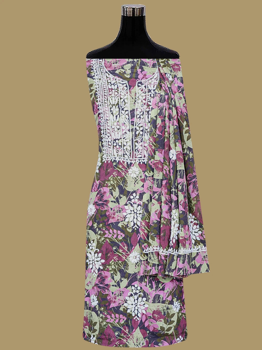 Ada Hand Embroidered Wine And Brown Crepe Floral Printed Lucknowi Chikankari Unstitched Kurta Dupatta Set 01A723093