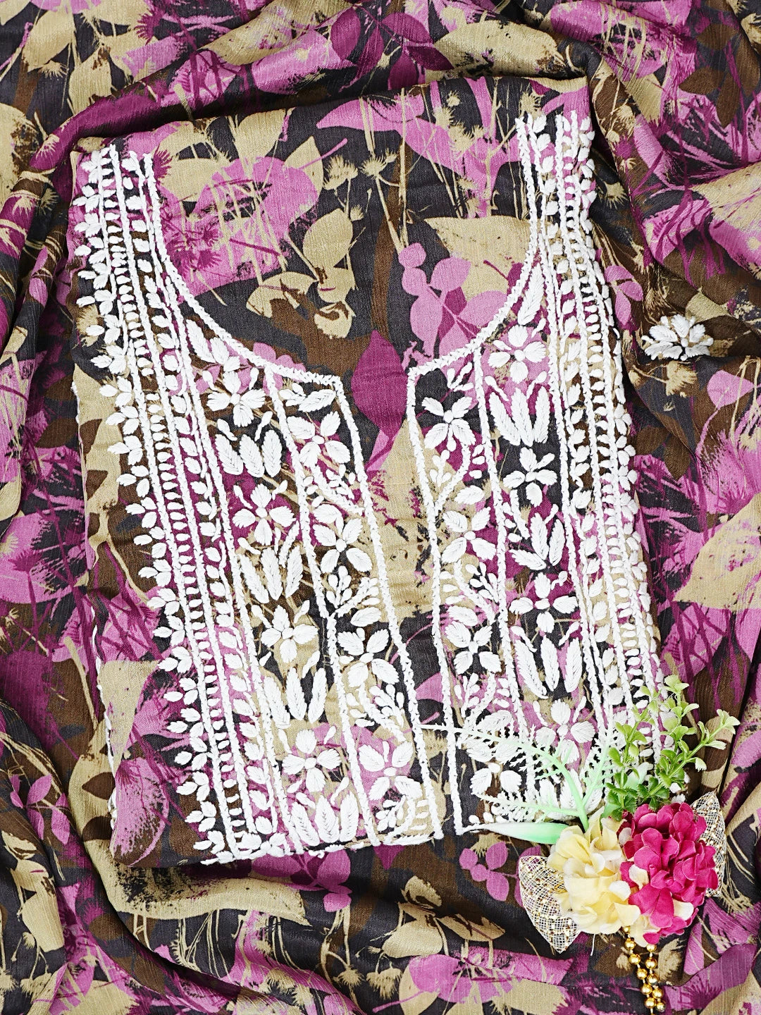 Ada Hand Embroidered Wine And Brown Crepe Floral Printed Lucknowi Chikankari Unstitched Kurta Dupatta Set 01A723093
