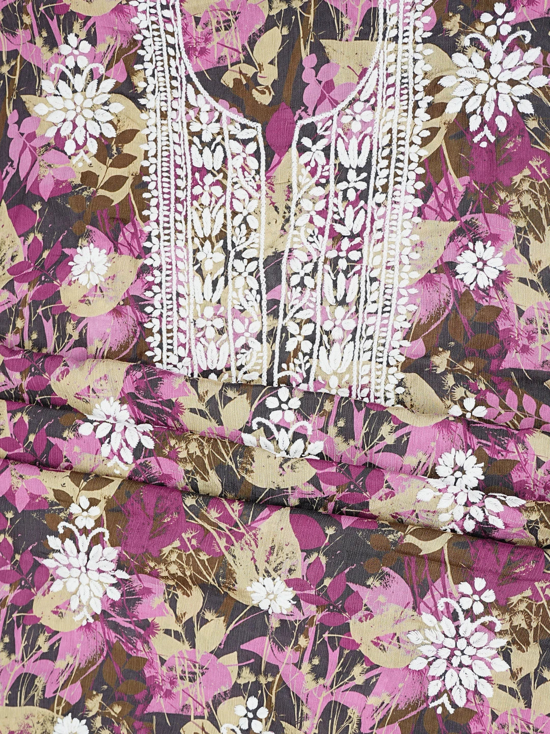 Ada Hand Embroidered Wine And Brown Crepe Floral Printed Lucknowi Chikankari Unstitched Kurta Dupatta Set 01A723093