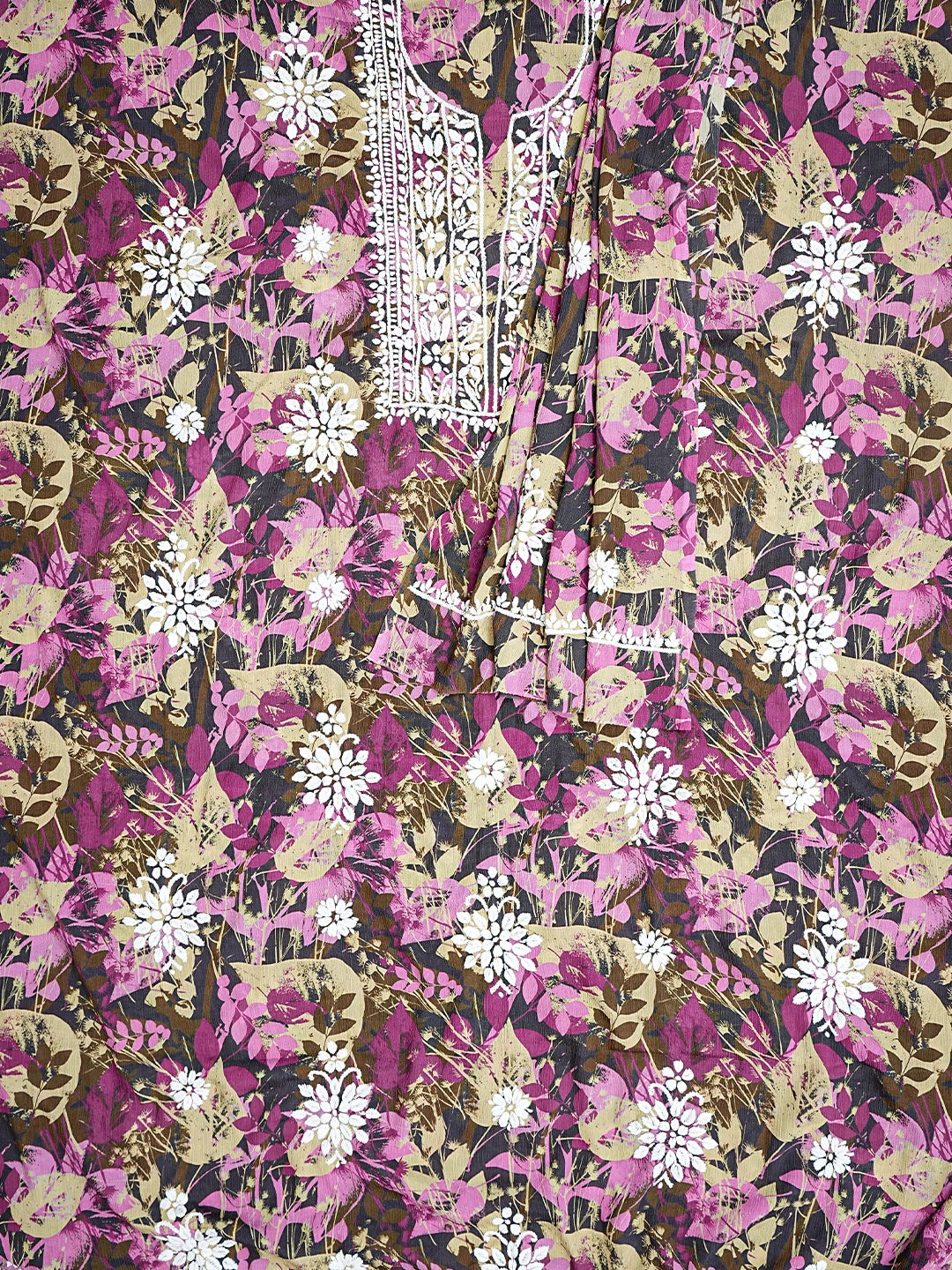 Ada Hand Embroidered Wine And Brown Crepe Floral Printed Lucknowi Chikankari Unstitched Kurta Dupatta Set 01A723093