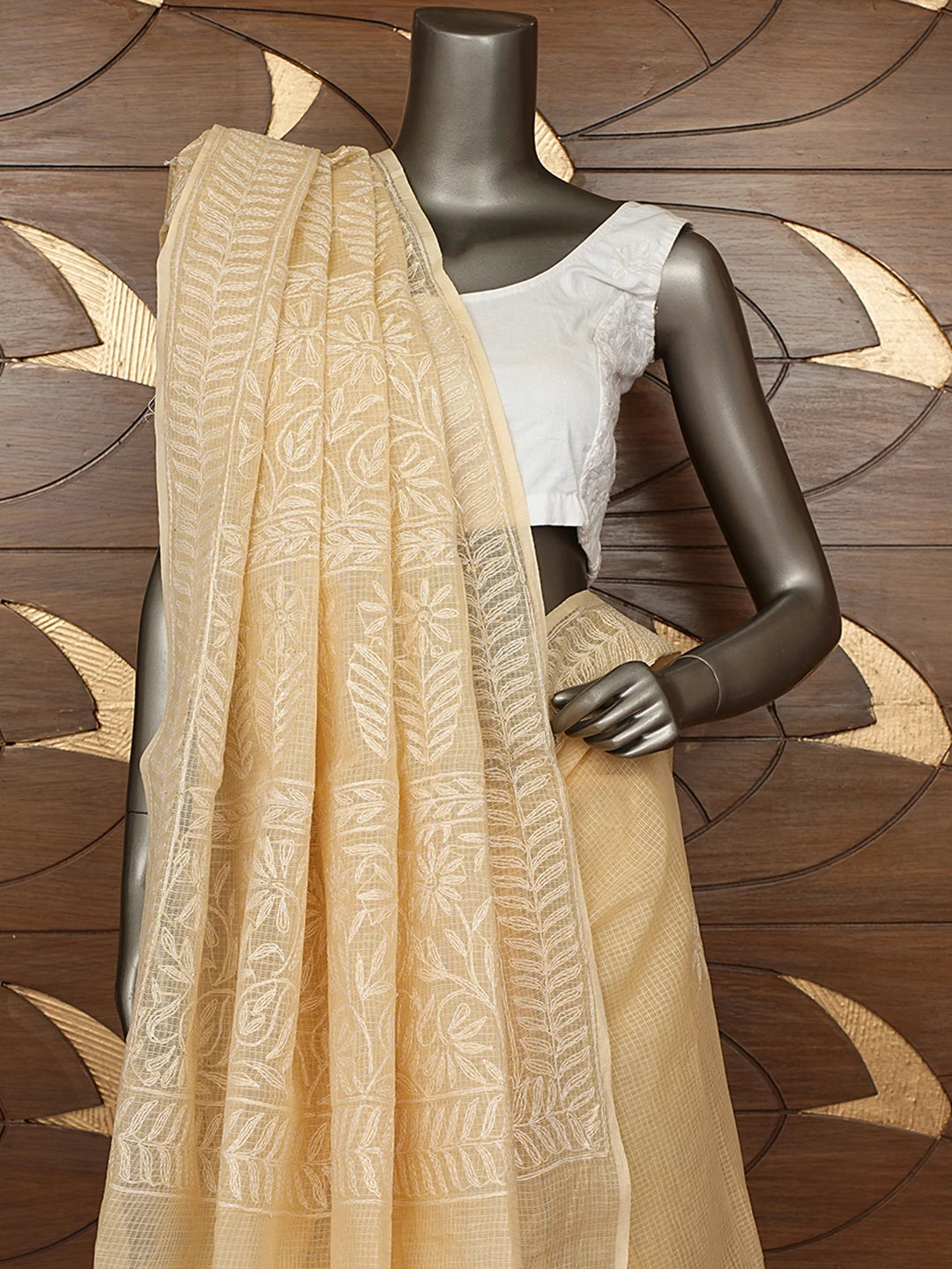 Ada Hand Embroidered Fawn Kota Lucknowi Chikankari Saree and Blouse 01A795016