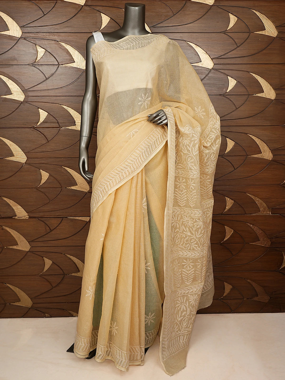 Ada Hand Embroidered Fawn Kota Lucknowi Chikankari Saree and Blouse 01A795016
