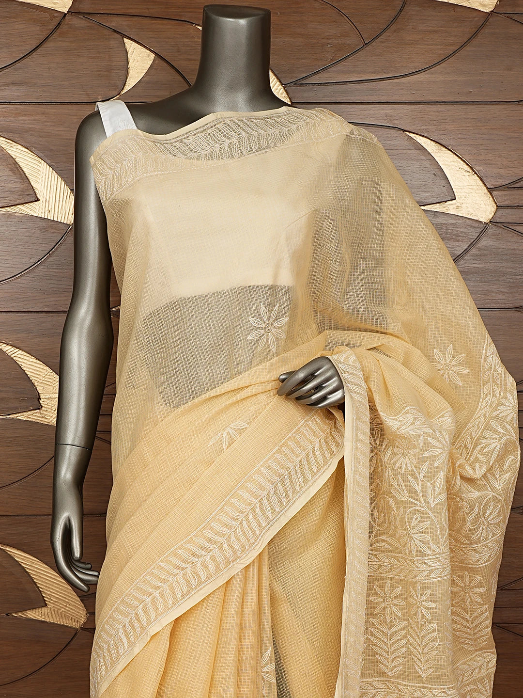 Ada Hand Embroidered Fawn Kota Lucknowi Chikankari Saree and Blouse 01A795016