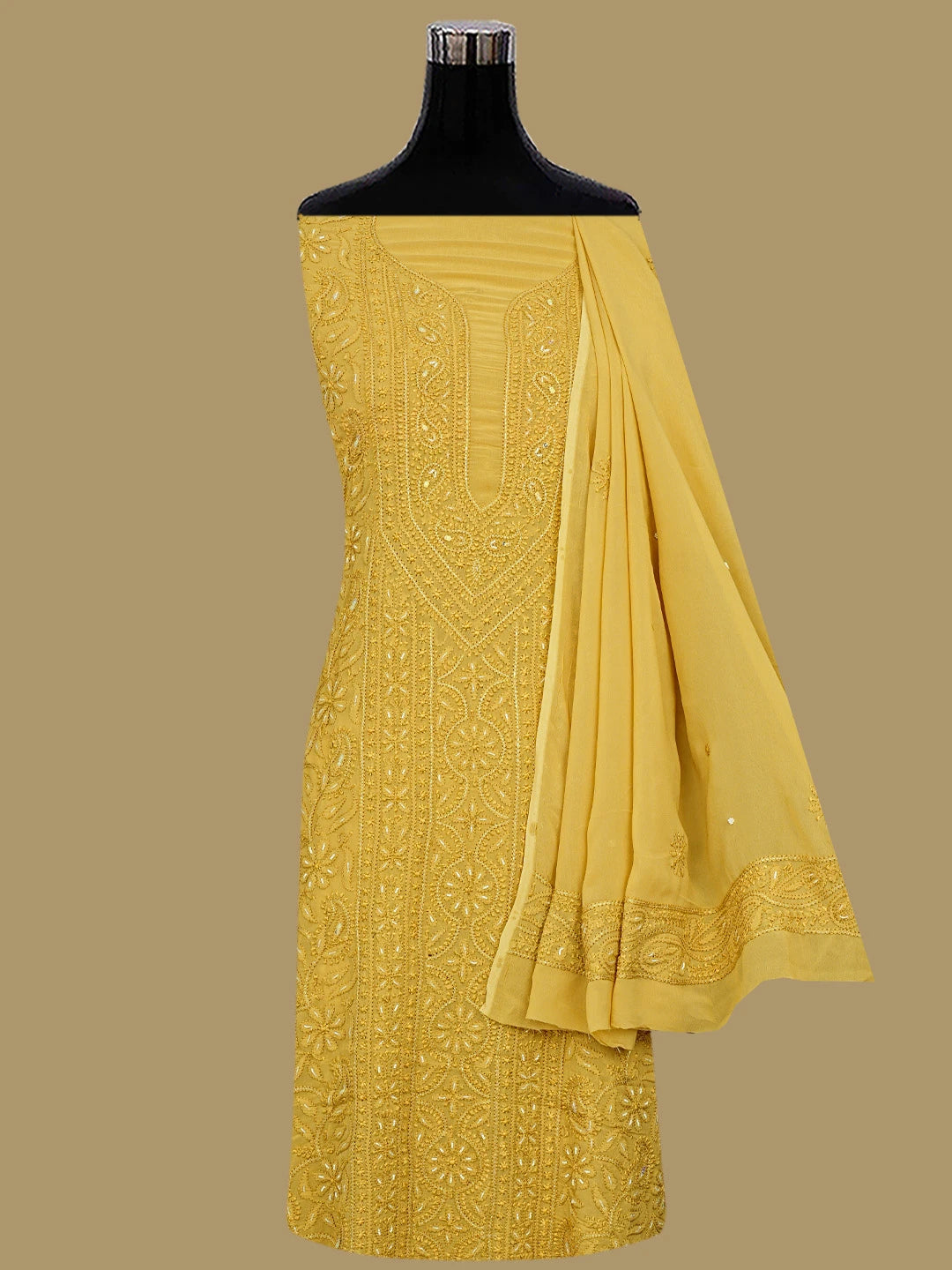 Ada Hand Embroidered Fawn Viscose Georgette Lucknowi Chikankari Unstitched Kurta Dupatta Set With Pearl Work 01A809576