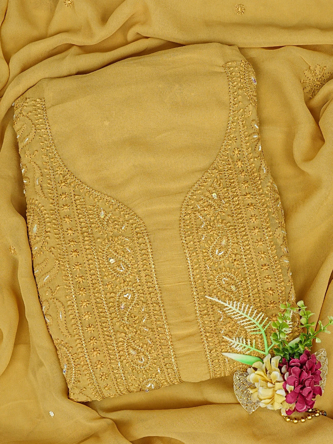 Ada Hand Embroidered Fawn Viscose Georgette Lucknowi Chikankari Unstitched Kurta Dupatta Set With Pearl Work 01A809576