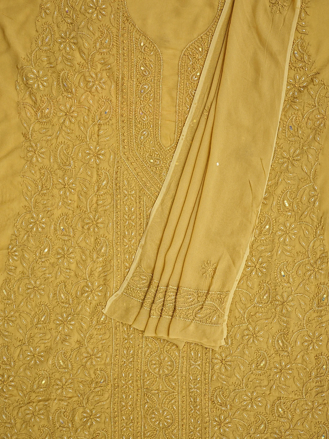 Ada Hand Embroidered Fawn Viscose Georgette Lucknowi Chikankari Unstitched Kurta Dupatta Set With Pearl Work 01A809576