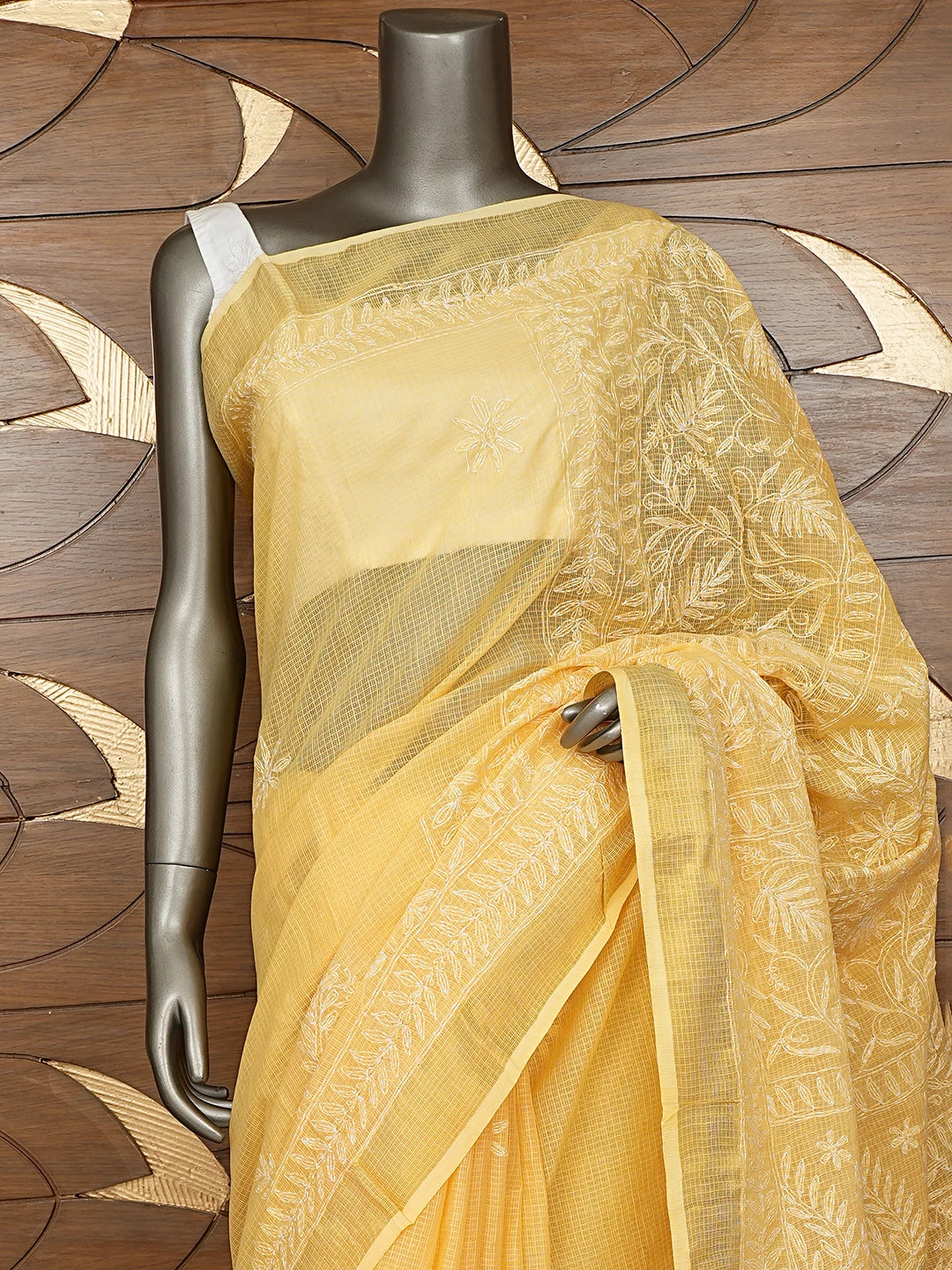 Ada Hand Embroidered Mustard Kota Lucknowi Chikankari Saree and Blouse 01A820437