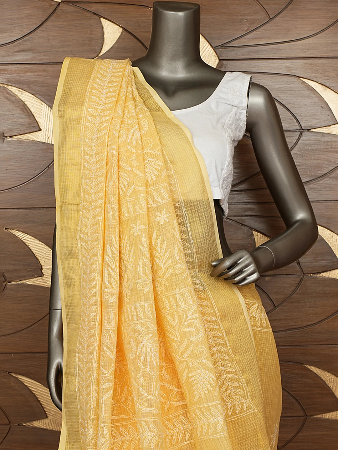 Ada Hand Embroidered Mustard Kota Lucknowi Chikankari Saree and Blouse 01A820437