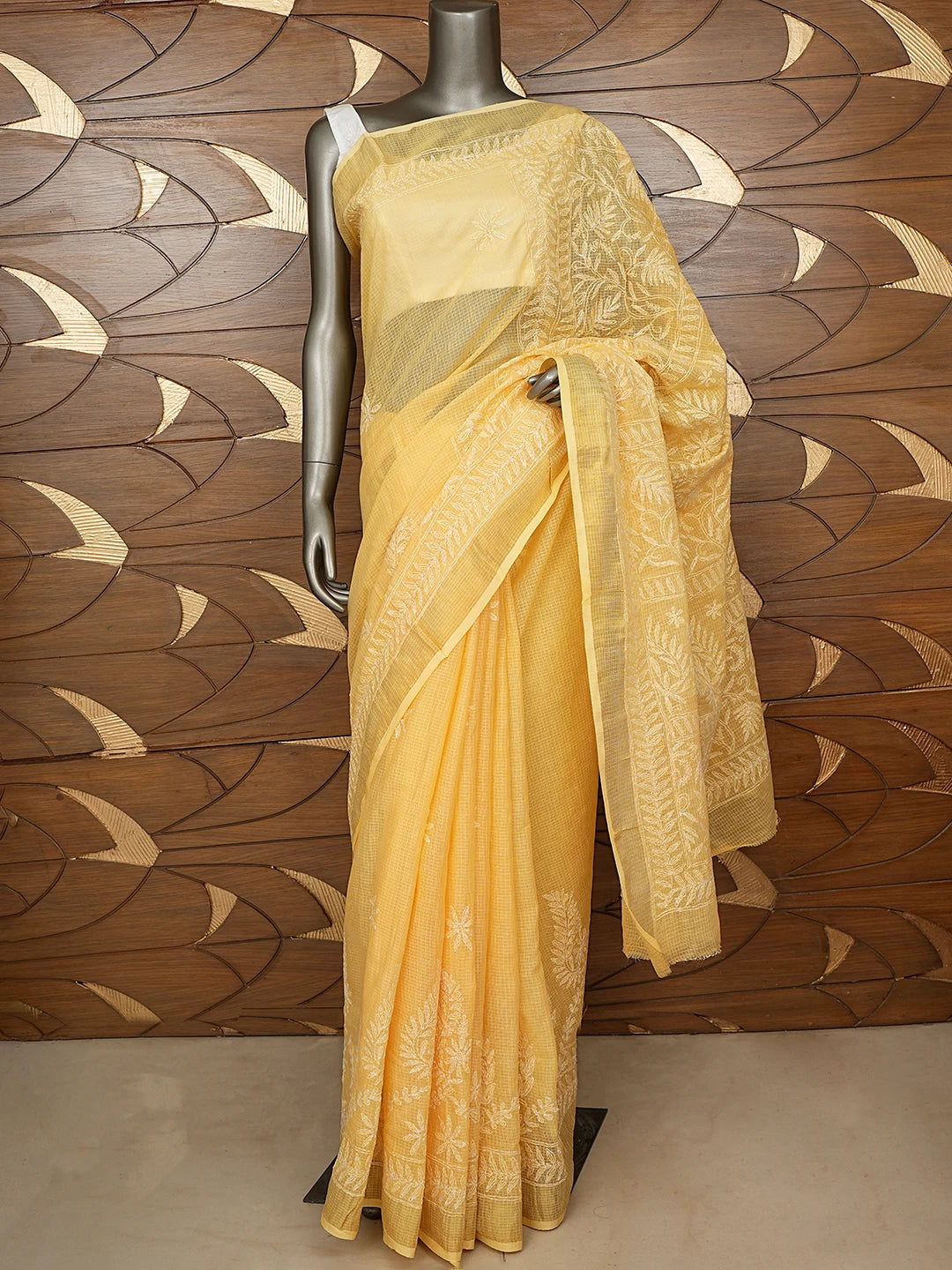 Ada Hand Embroidered Mustard Kota Lucknowi Chikankari Saree and Blouse 01A820437