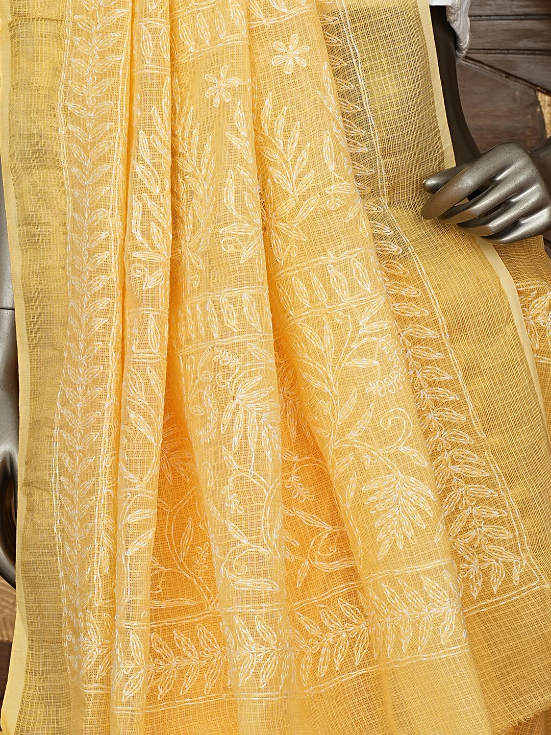 Ada Hand Embroidered Mustard Kota Lucknowi Chikankari Saree and Blouse 01A820437