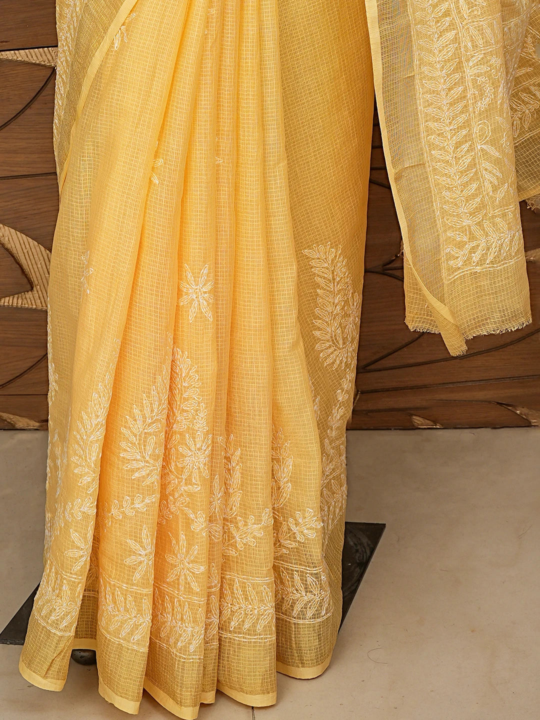 Ada Hand Embroidered Mustard Kota Lucknowi Chikankari Saree and Blouse 01A820437