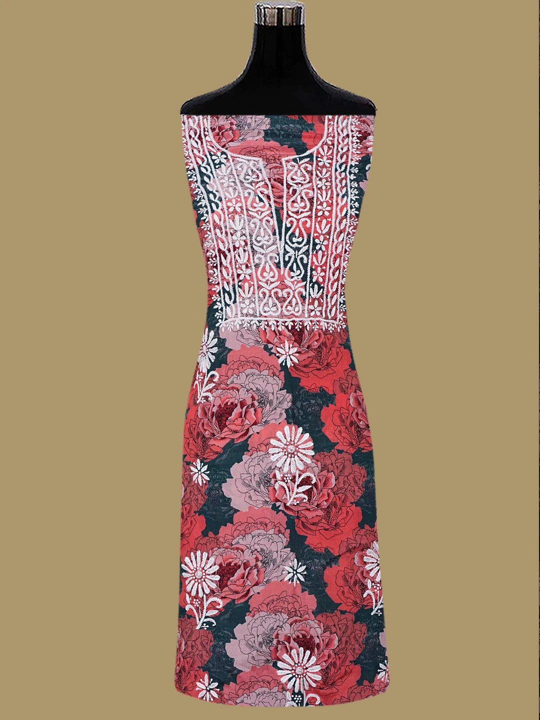 Ada Hand Embroidered Carrot Pink Crepe Floral Printed Lucknowi Chikankari Unstitched Kurta Dupatta Set 01A722934