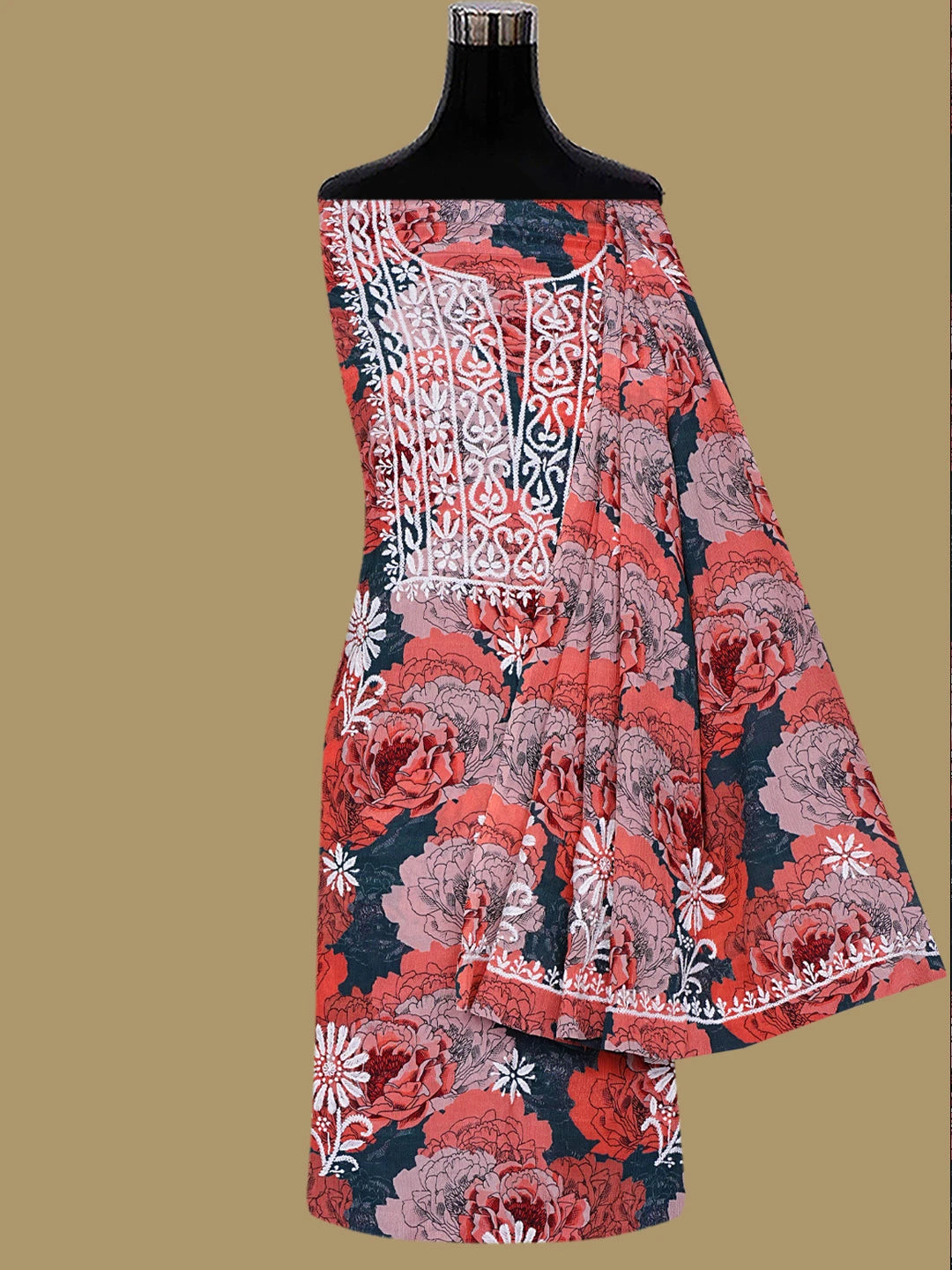 Ada Hand Embroidered Carrot Pink Crepe Floral Printed Lucknowi Chikankari Unstitched Kurta Dupatta Set 01A722934