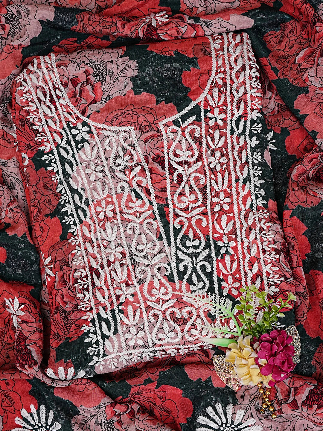 Ada Hand Embroidered Carrot Pink Crepe Floral Printed Lucknowi Chikankari Unstitched Kurta Dupatta Set 01A722934
