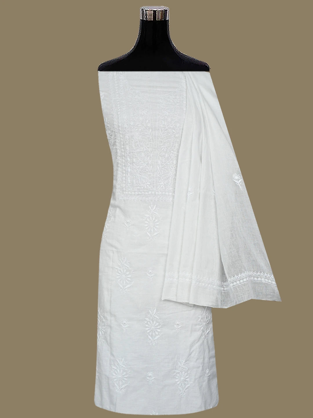 Ada Hand Embroidered White Cotton Lucknowi Chikankari Unstitched Kurta Dupatta Set 01A694013