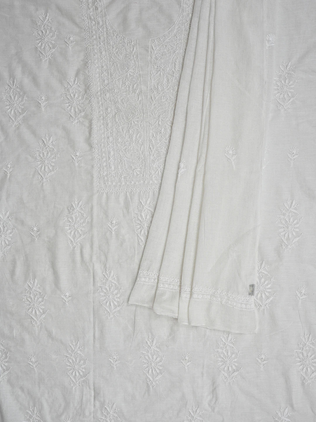 Ada Hand Embroidered White Cotton Lucknowi Chikankari Unstitched Kurta Dupatta Set 01A694013