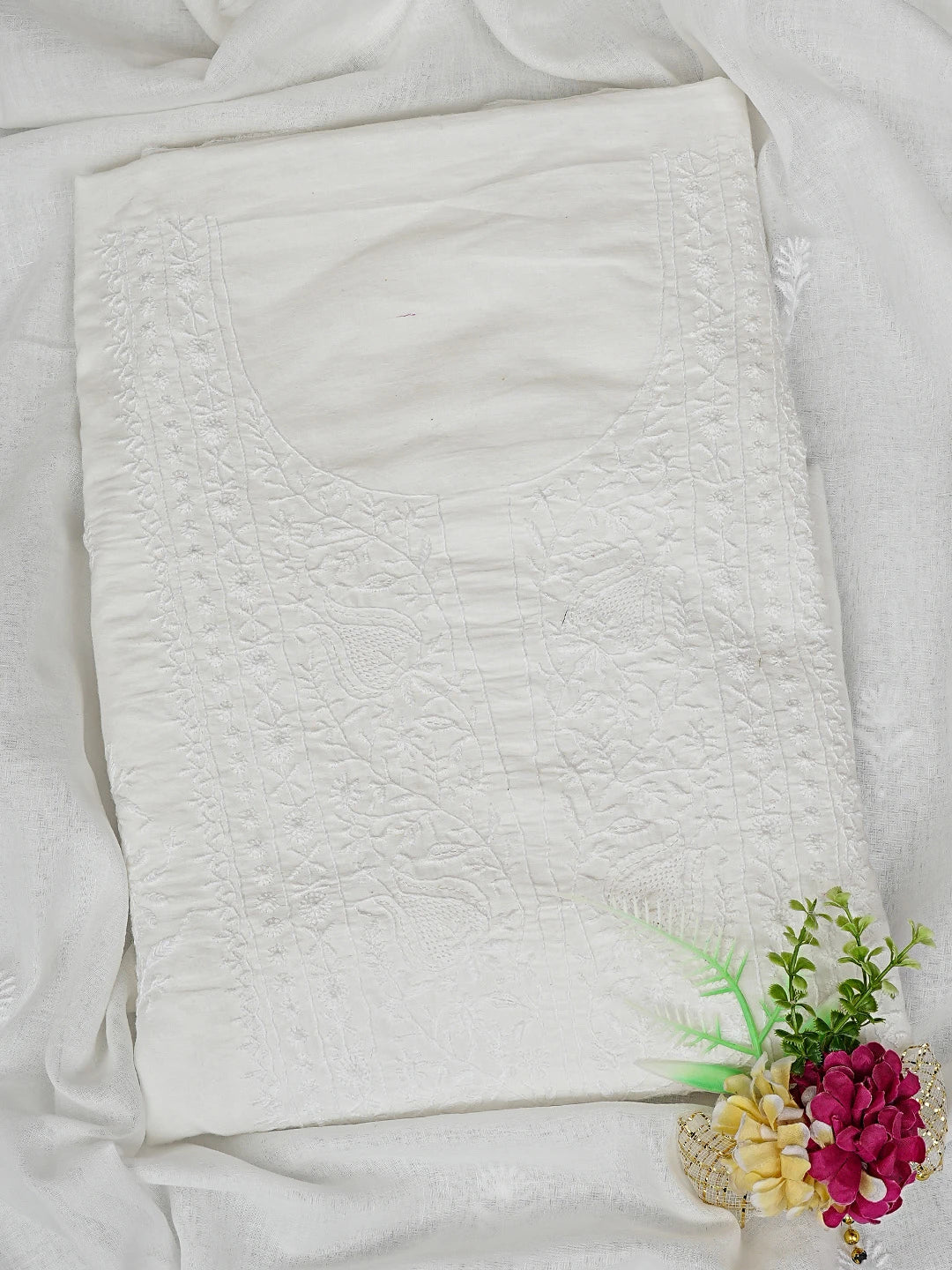 Ada Hand Embroidered White Cotton Lucknowi Chikankari Unstitched Kurta Dupatta Set 01A694013