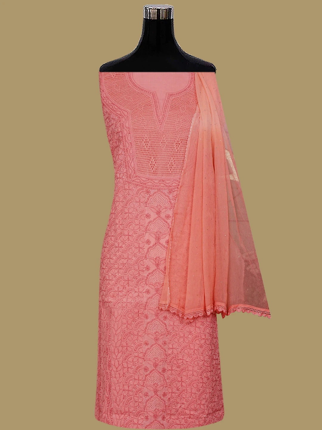 Ada Hand Embroidered Peach Cotton Lucknowi Chikankari Unstitched Suit Piece 01A692550