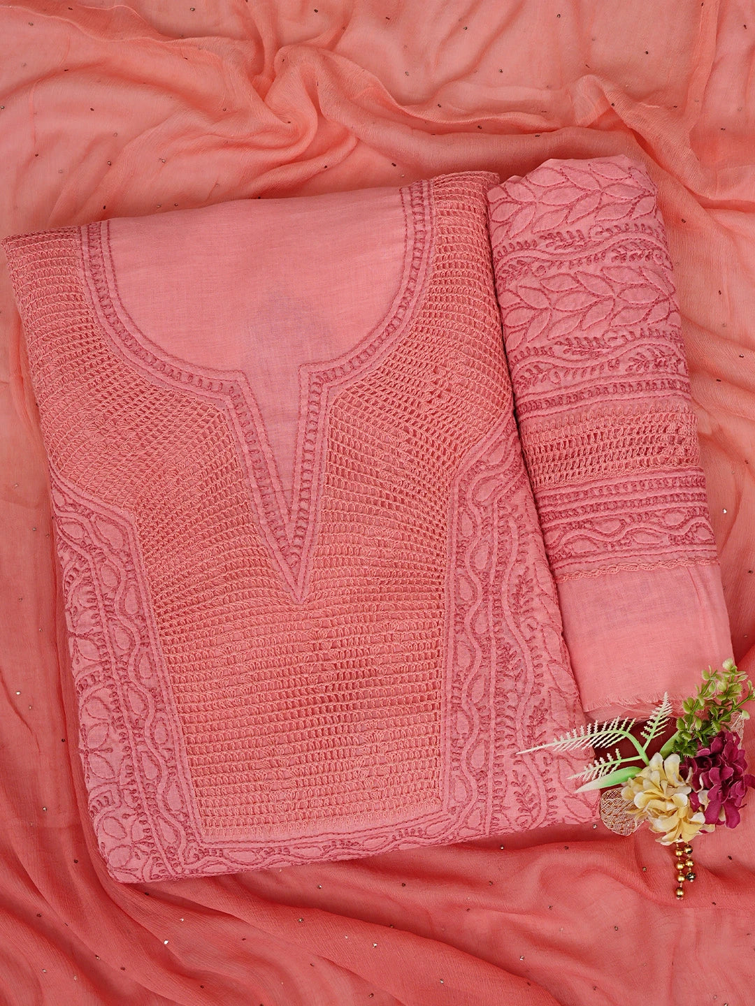 Ada Hand Embroidered Peach Cotton Lucknowi Chikankari Unstitched Suit Piece 01A692550