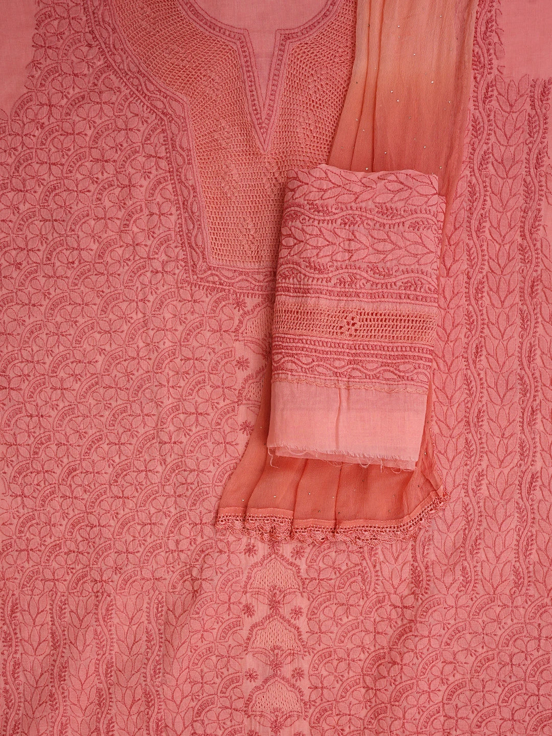 Ada Hand Embroidered Peach Cotton Lucknowi Chikankari Unstitched Suit Piece 01A692550