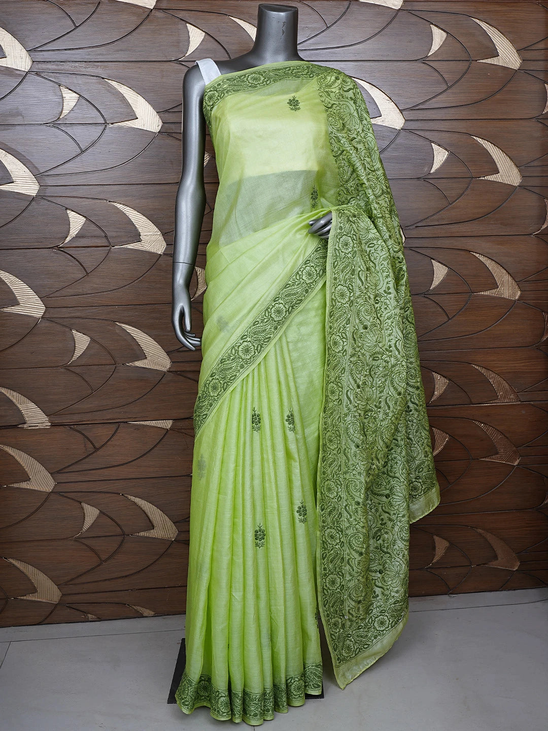 Ada Hand Embroidered Green Silk Lucknowi Chikankari Saree With Blouse 01A627007