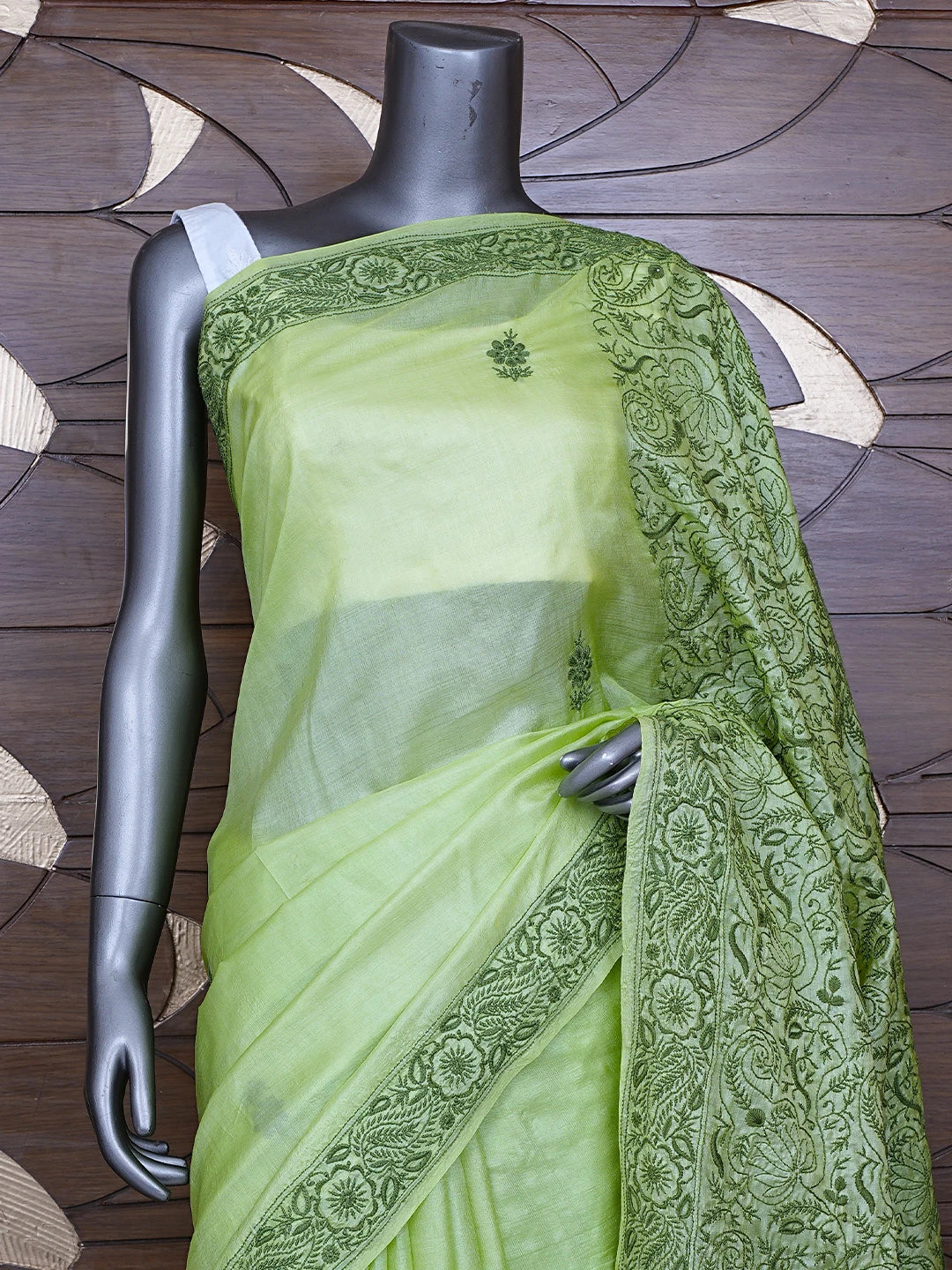 Ada Hand Embroidered Green Silk Lucknowi Chikankari Saree With Blouse 01A627007
