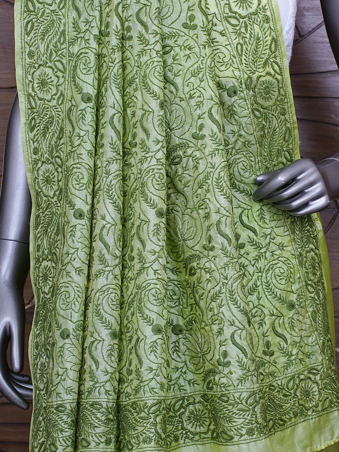 Ada Hand Embroidered Green Silk Lucknowi Chikankari Saree With Blouse 01A627007