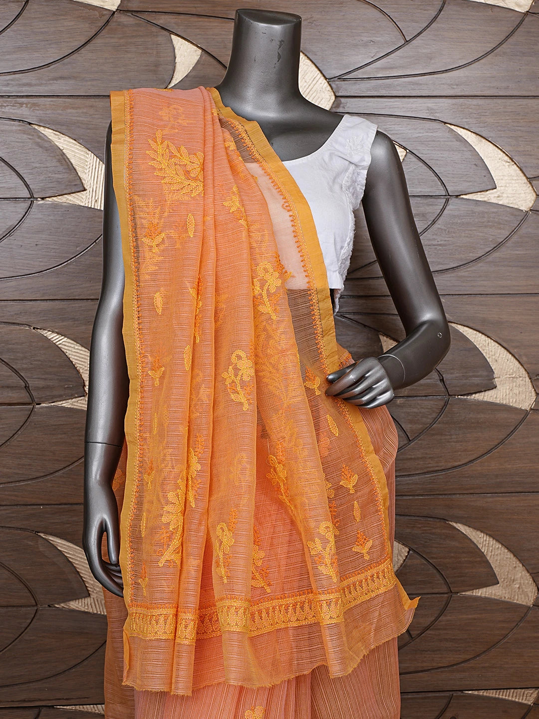 Ada Hand Embroidered Orange Super Net Lucknowi Chikankari Saree With Blouse 01A688536