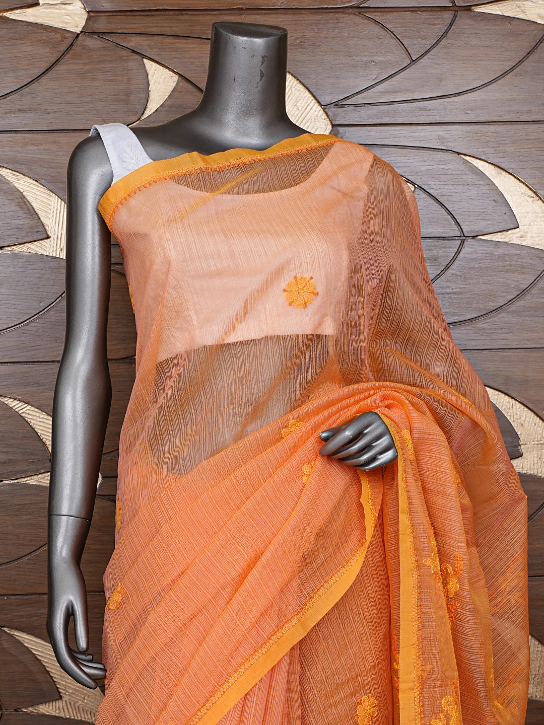 Ada Hand Embroidered Orange Super Net Lucknowi Chikankari Saree With Blouse 01A688536