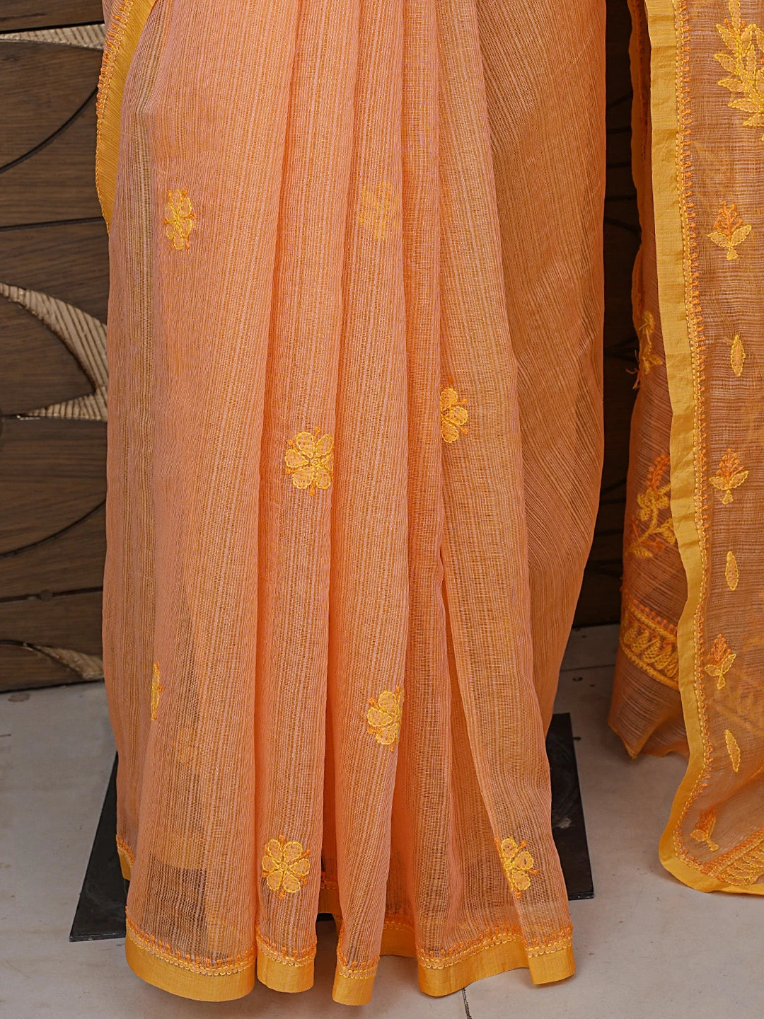 Ada Hand Embroidered Orange Super Net Lucknowi Chikankari Saree With Blouse 01A688536