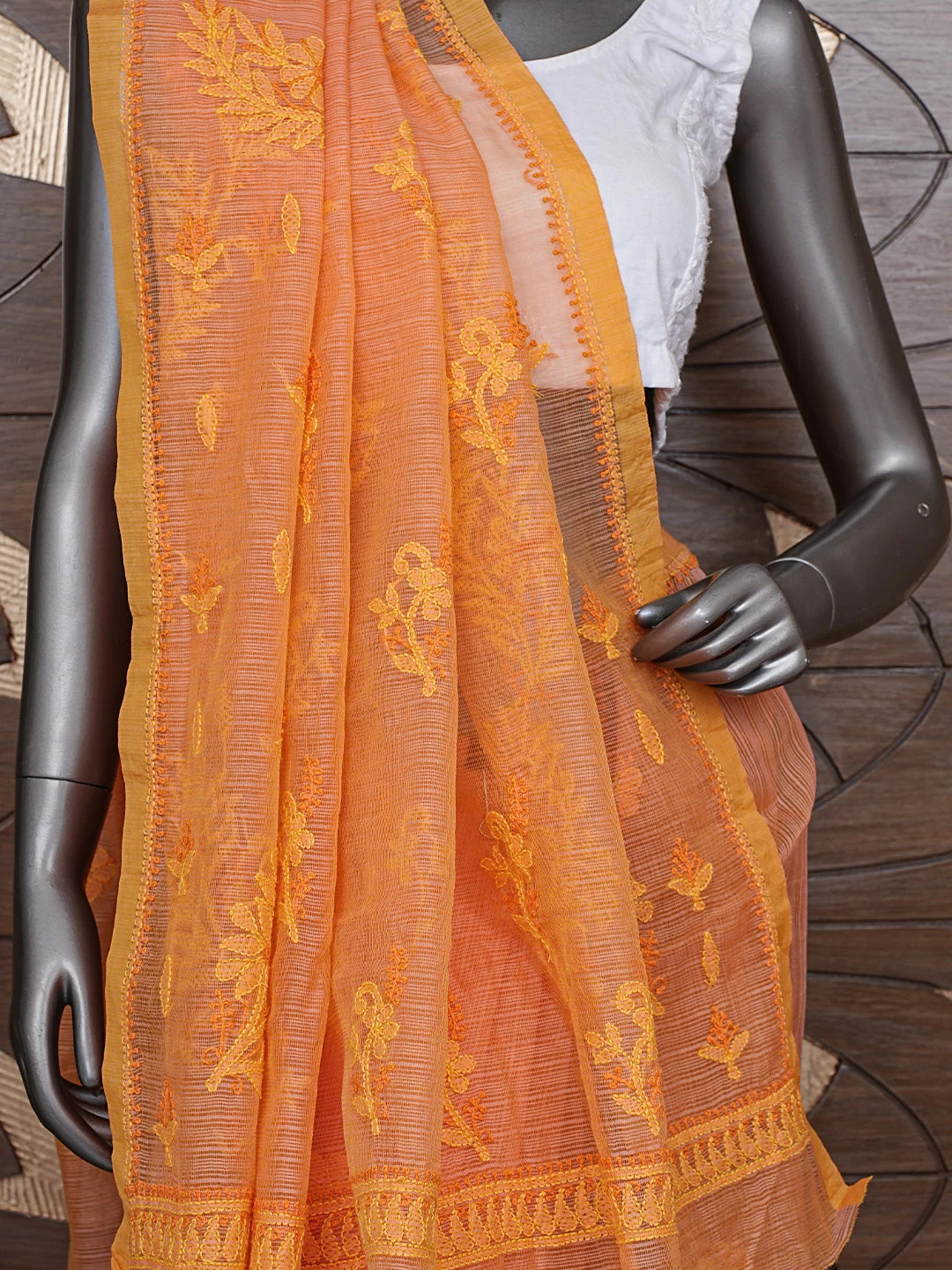 Ada Hand Embroidered Orange Super Net Lucknowi Chikankari Saree With Blouse 01A688536