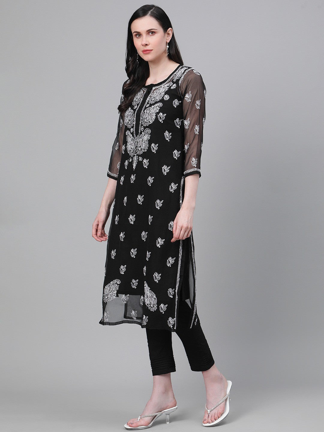 Ada Hand Embroidered Black Georgette Lucknowi Chikankari Kurta Set With Slip A811148