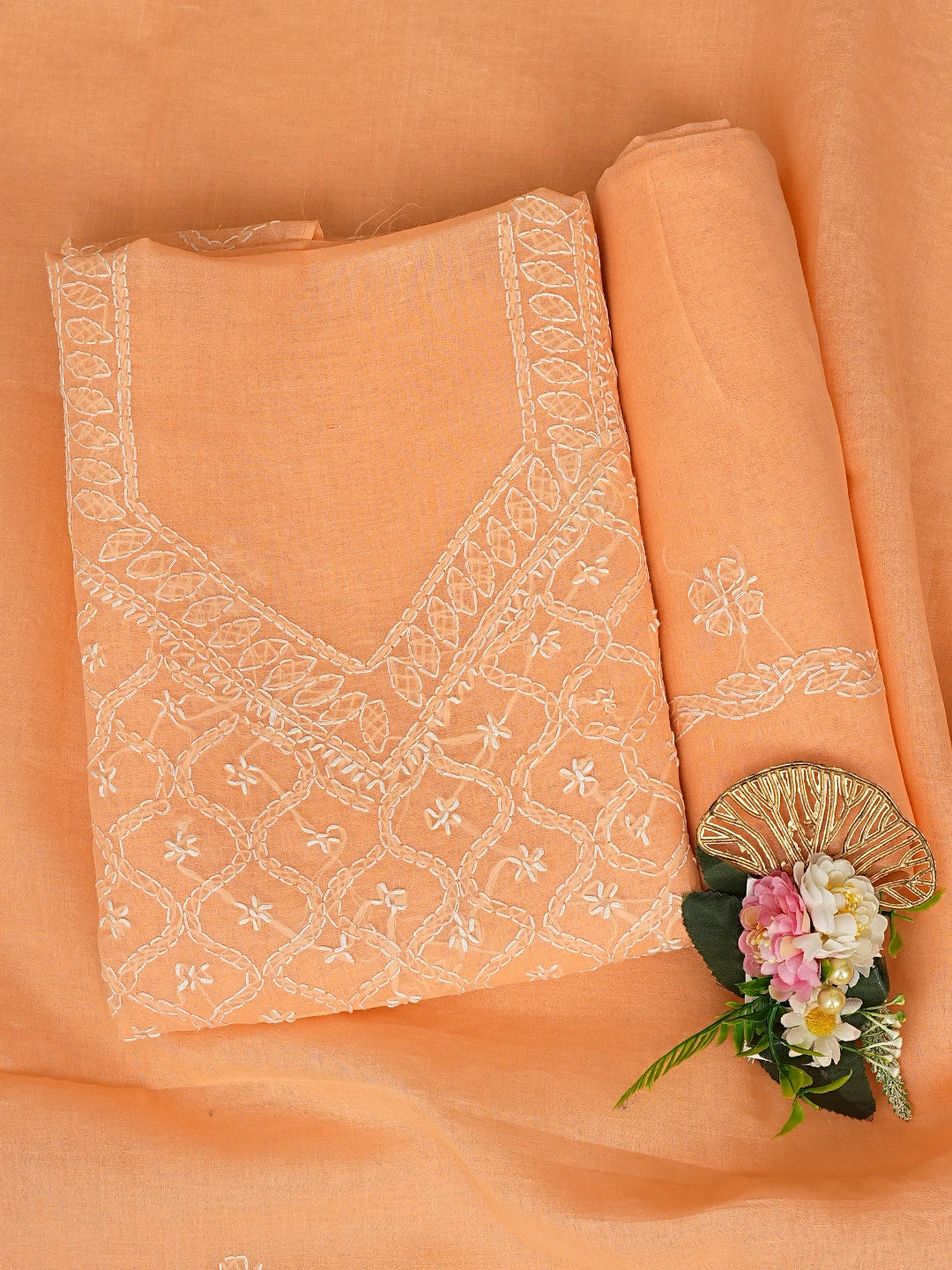 Ada Hand Embroidered Peach Cotton Lucknowi Chikankari Unstitched Suit Piece 01A853581